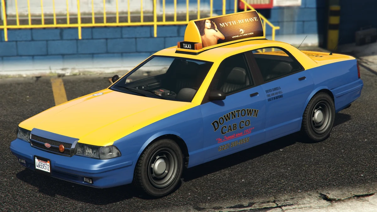 Gele taxi uit GTA V in de straten van Los Santos