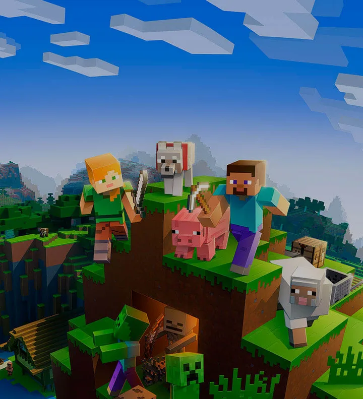 Minecraft-scene met spelers en dieren op een grasheuvel